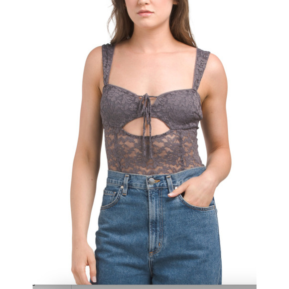 Free People Womens Bodysuit Intimately Medium Volcanic Glass Gray Lace NWT $78 - Picture 2 of 10